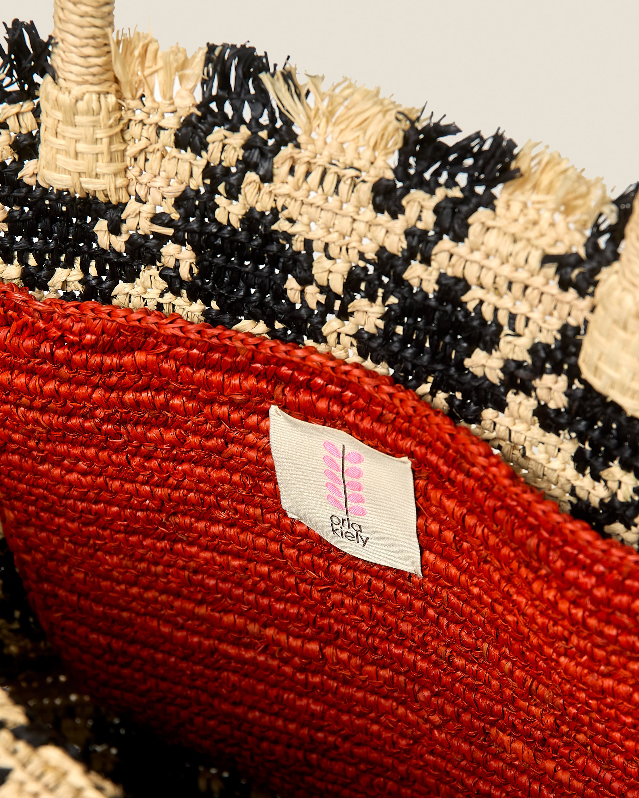 Crab and Houndstooth Raffia Tote Bag - Monochrome