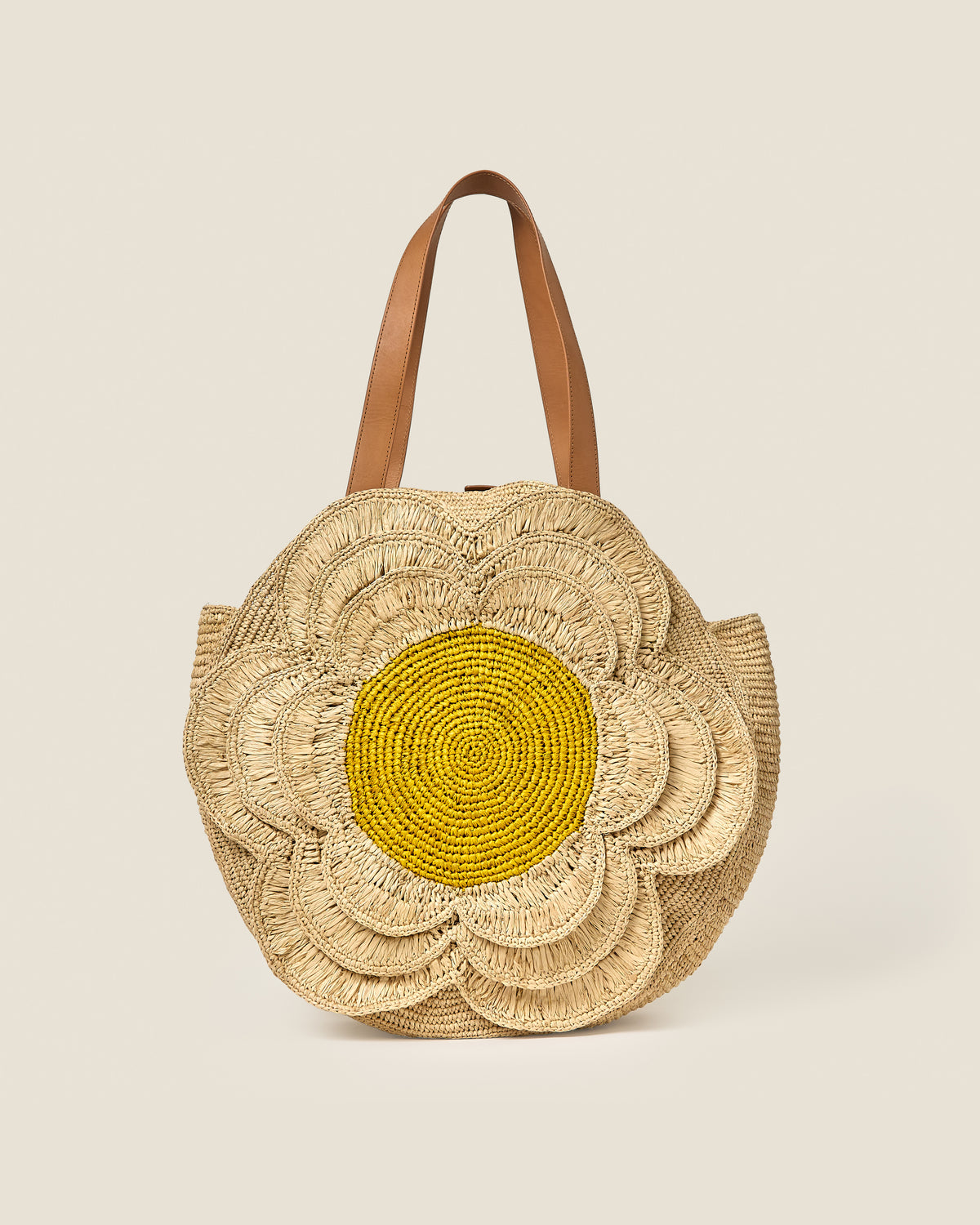 Petal Flower Round Raffia Tote Bag - Natural