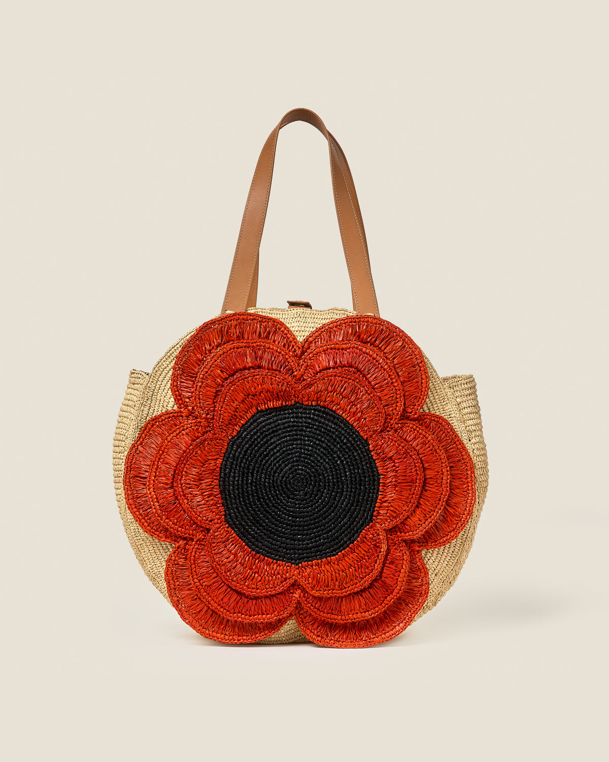 Petal Flower Round Raffia Tote Bag - Clementine