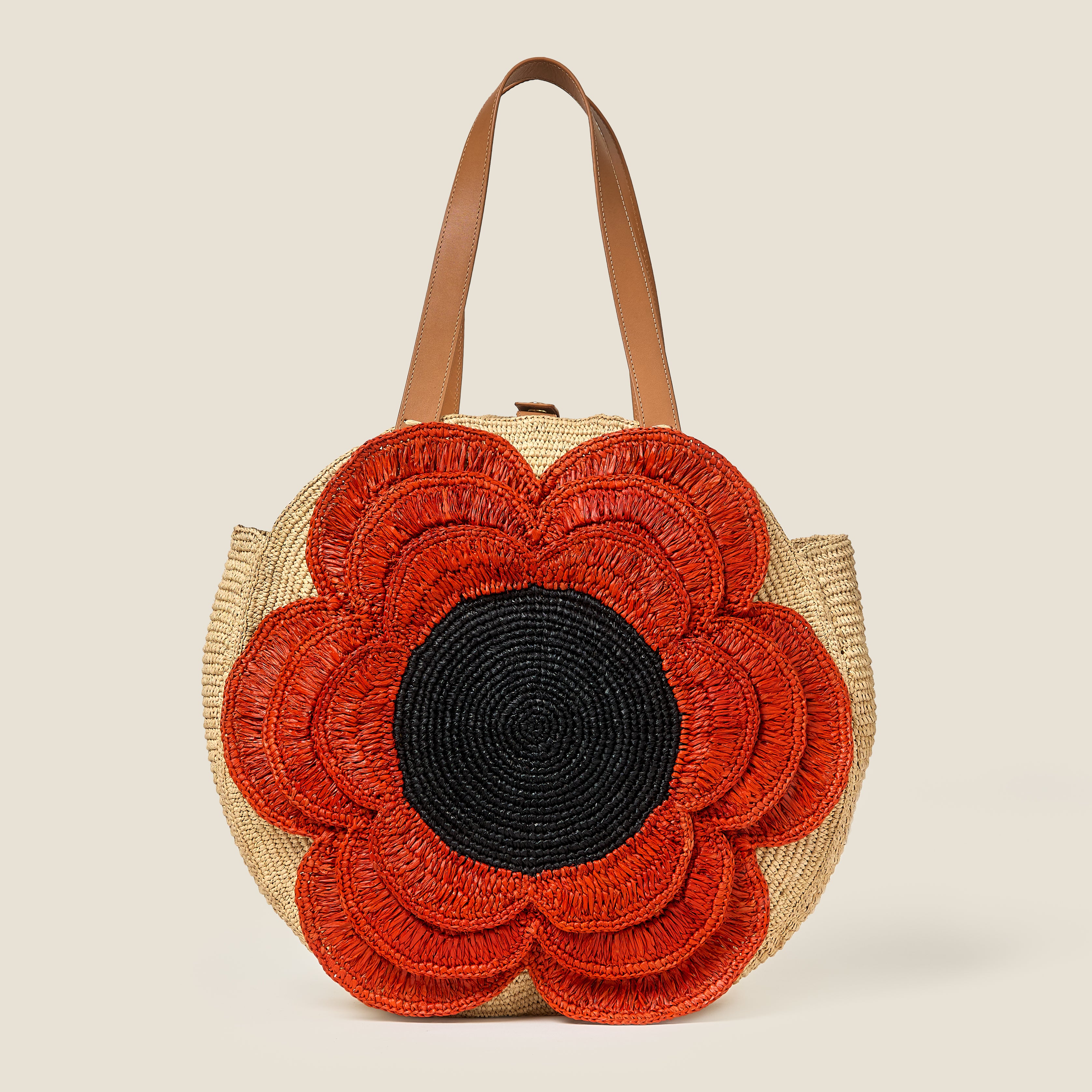 Petal Flower Round Raffia Tote Bag - Clementine