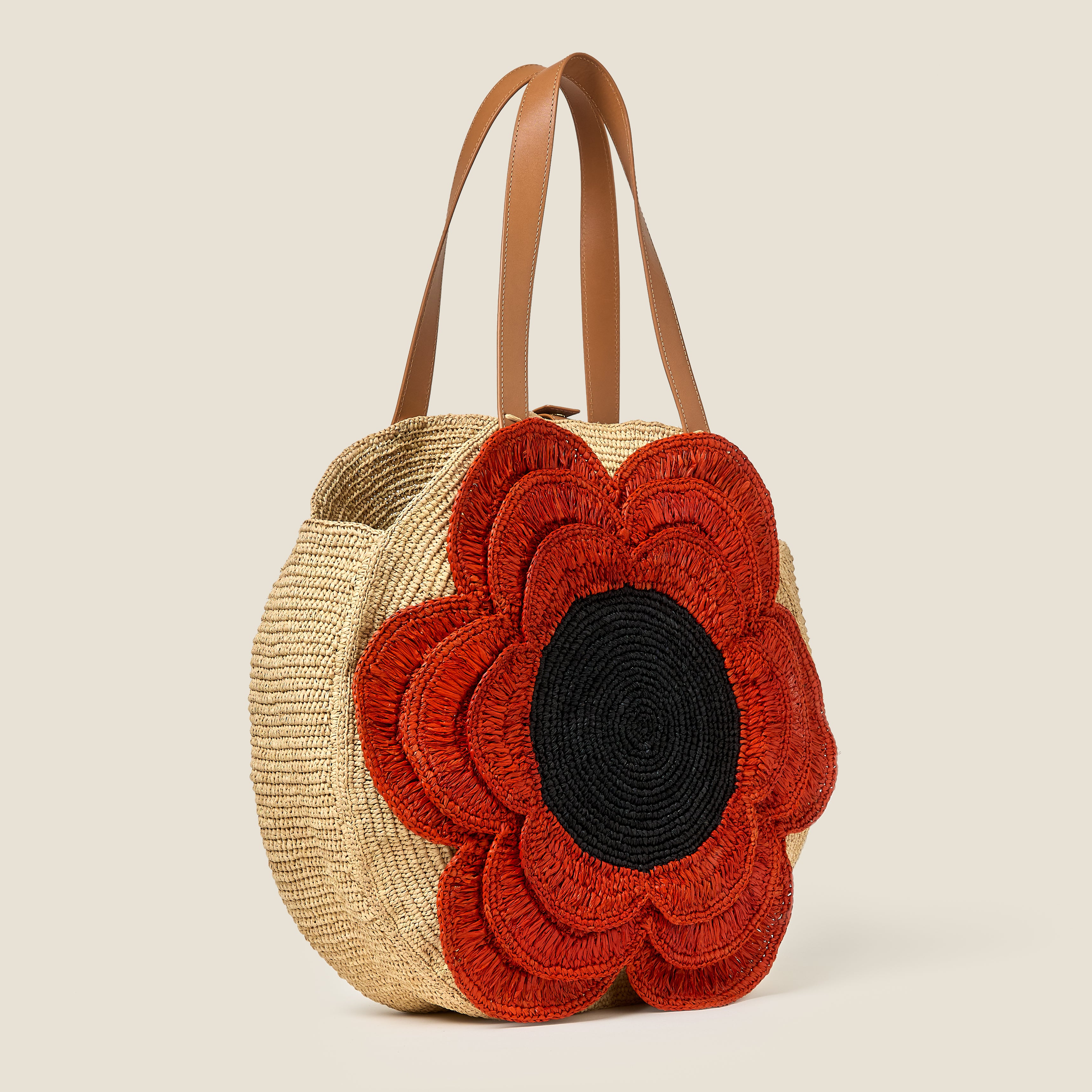 Petal Flower Round Raffia Tote Bag - Clementine