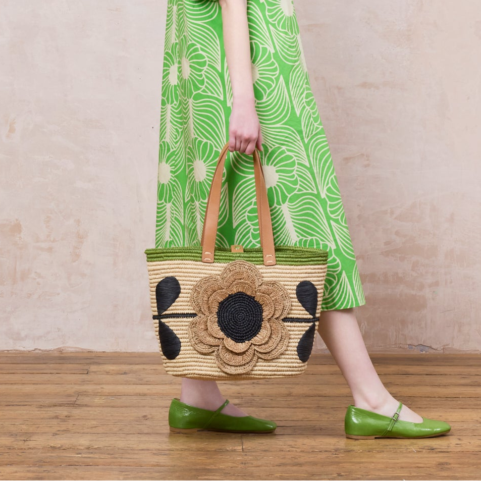 Stem Flower Monday Raffia Tote Bag - Natural