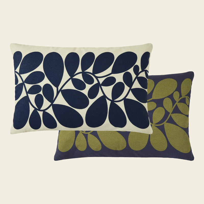 Orla Kiely sycamore stripe cushion rear and front in blue and olive