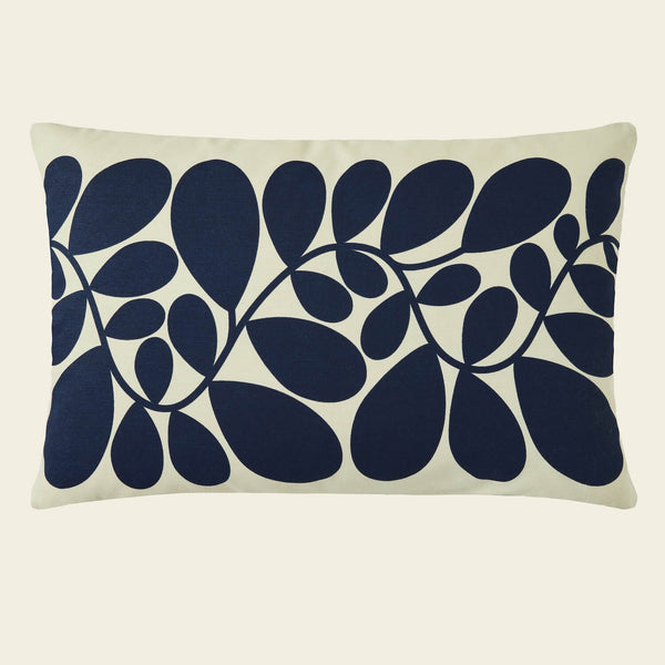 Front face of Orla Kiely blue sycamore stem cushion