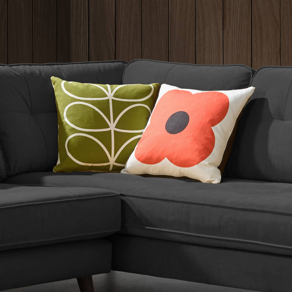 Giant red abacus Orla Kiely cushion next to Green stem cushion