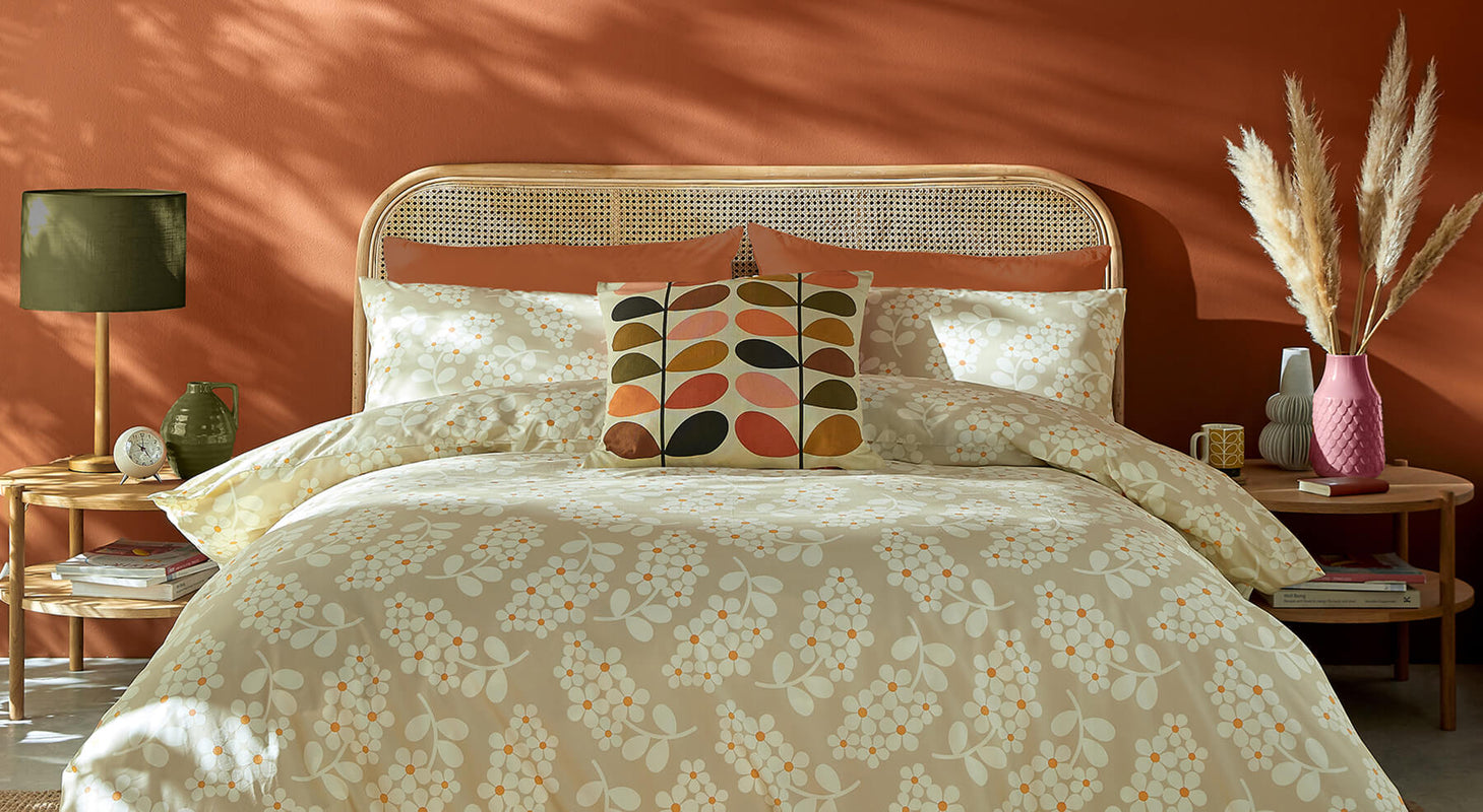 Lifestyle shot of Orla Kiely wisteria bed linen 